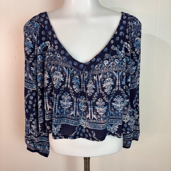 Bila Crop Top Large Blue Boho Floral V-Neck 3/4 Sleeve Blouse Women - Picture 1 of 10